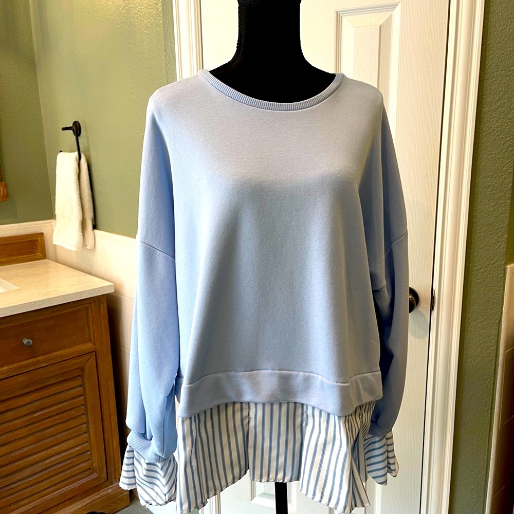 Light Blue Layered Sweatshirt with Striped Hem by Maeve